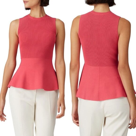 Theory Textured Gloss Shell‎ Hot Pink Ribbed Knit Top Size XS Peplum Sleeveless - Picture 1 of 10
